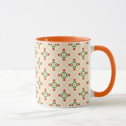 Floral Pink  Green Quilt Folk Art Pattern Mug