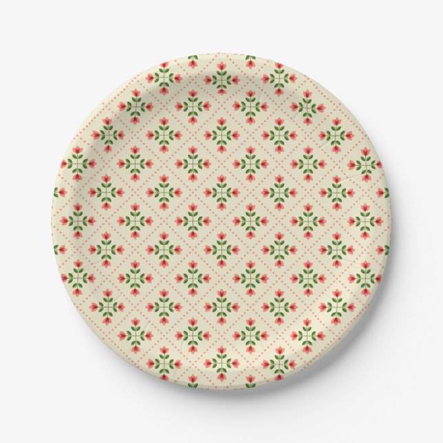 Floral Pink & Green Quilt Folk Art Pattern Paper Plates (Front)