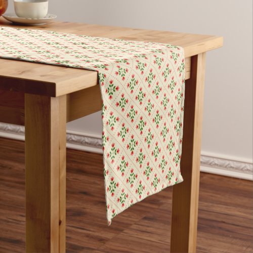 Floral Pink  Green Quilt Folk Art Pattern Short Table Runner