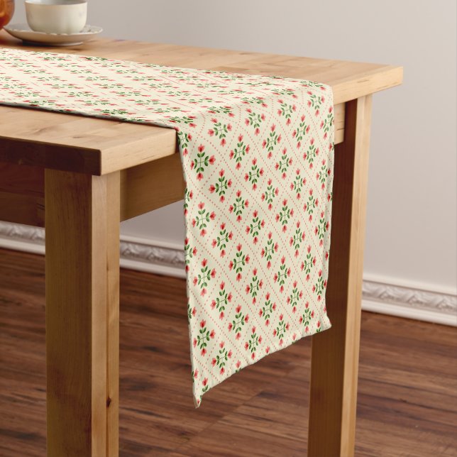 Floral Pink & Green Quilt Folk Art Pattern Short Table Runner (In Situ)