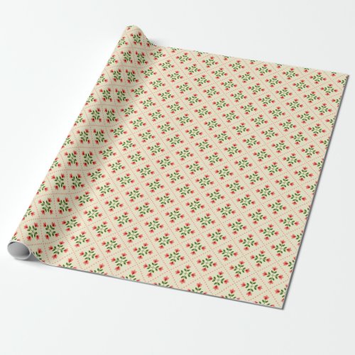 Floral Pink  Green Quilt Folk Art Pattern Wrapping Paper