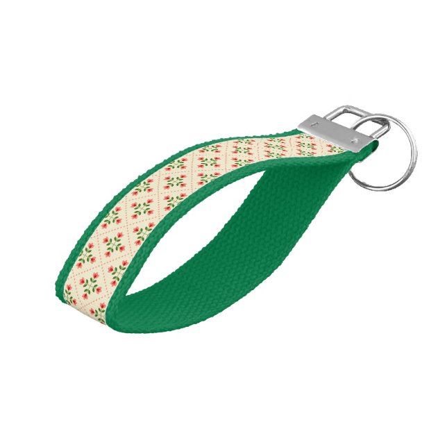 Floral Pink & Green Quilt Folk Art Pattern Wrist Keychain (Angled Up)