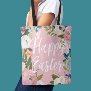 Floral Pink Happy Easter   Easter Egg Hunt Tote Bag