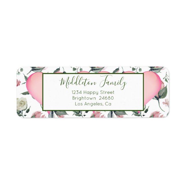 Floral  Pink Heart Modern Personal Label (Front)