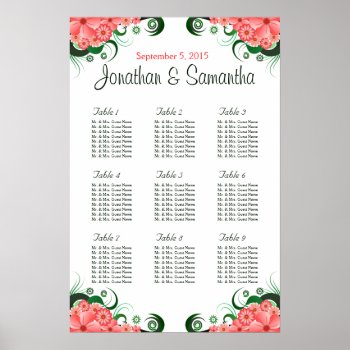 Floral Pink Hibiscus Wedding 9 Table Seating Chart by sunnymars at Zazzle