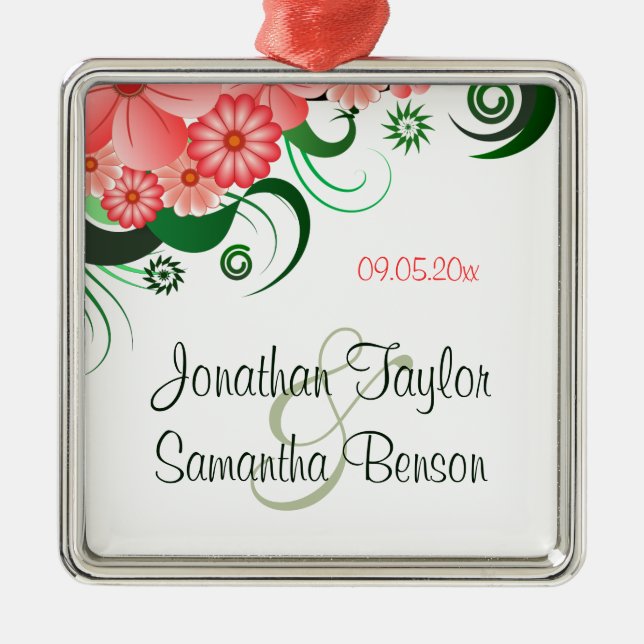 Floral Pink Hibiscus Wedding Keepsake Ornaments (Front)