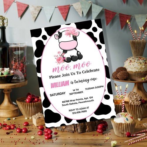 floral pink Holy Cow 1st Birthday Invitation