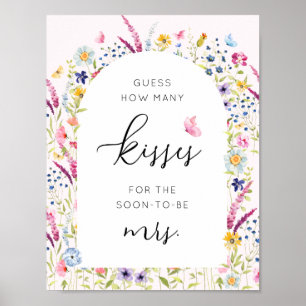 Floral Pink How Many Kisses Bridal Shower Game Poster