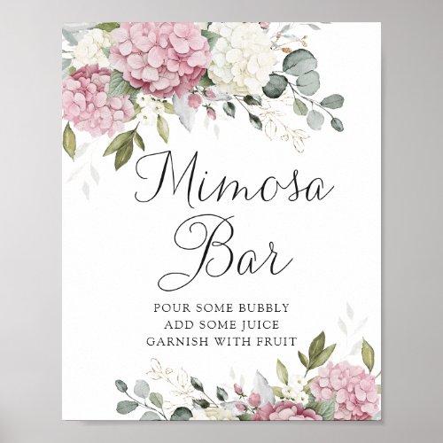 Floral Pink Hydrangea Greenery Wedding Mimosa Bar Poster