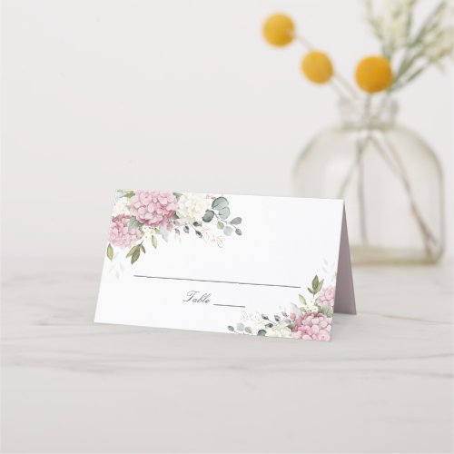 Floral Pink Hydrangea Greenery Wedding Place Card