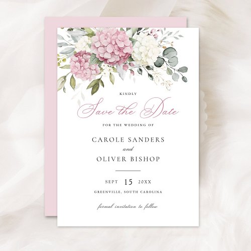 Floral Pink Hydrangea Greenery Wedding Save Date Invitation