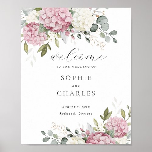 Floral Pink Hydrangea Greenery Wedding Welcome Poster