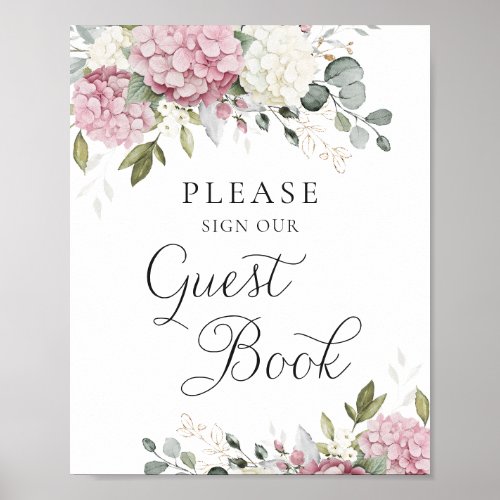 Floral Pink Hydrangea Wedding Guest Book Sign
