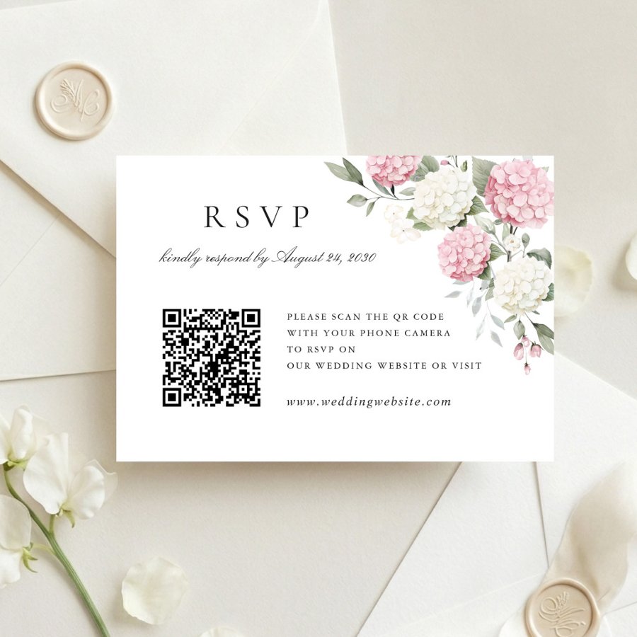 Floral Pink Hydrangea Wedding QR Code RSVP Card