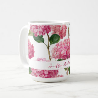 Floral Pink Hydrangea with Custom Name Coffee Mug