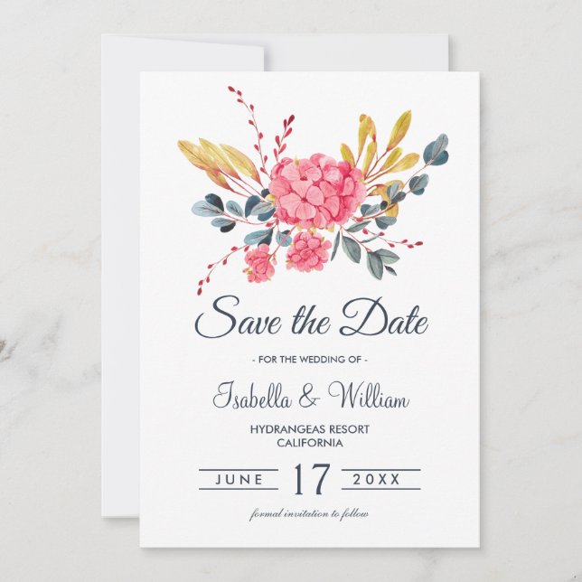Floral Pink Hydrangeas Bouquet Save the Date (Front)