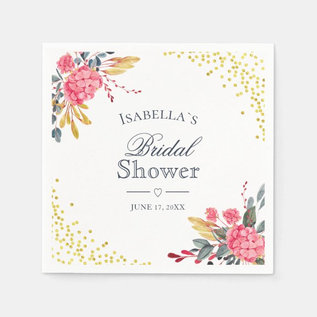 Floral Pink Hydrangeas Faux Gold Bridal Shower Napkins (Front)