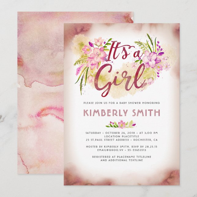 Floral Pink - It's A Girl Baby Shower Invitation (Front/Back)