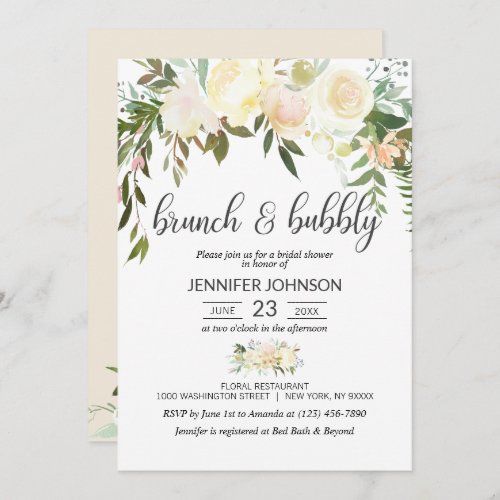 Floral Pink Ivory Brunch  Bubbly Bridal Shower Invitation