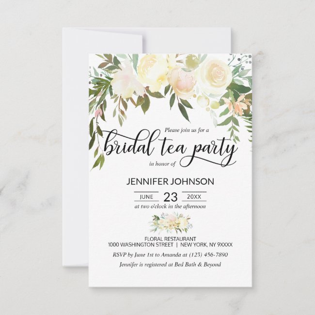 Floral Pink Ivory Cream Bridal Shower Tea Party Invitation