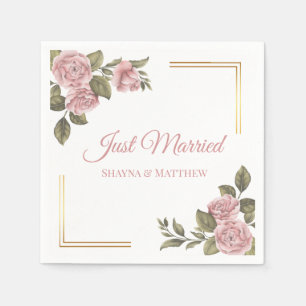 Floral Pink Just Married Elegant Peony Wedding Napkins