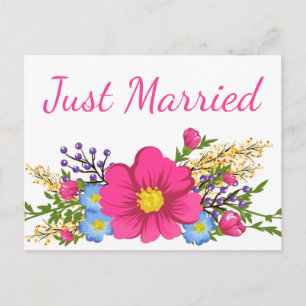 Floral Pink Just Married Watercolor Wedding Flower Announcement Postcard