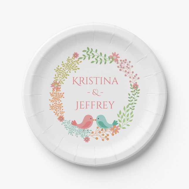 Floral Pink Lovebirds Personalized Wedding Paper Plates (Front)