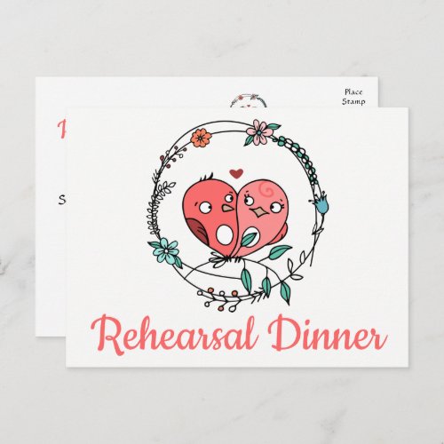 Floral Pink Lovebirds Wedding Rehearsal Dinner Inv Invitation Postcard