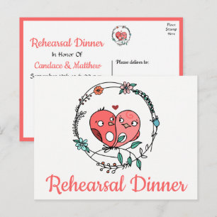 Floral Pink Lovebirds Wedding Rehearsal Dinner Invitation Postcard