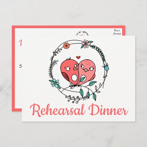 Floral Pink Lovebirds Wedding Rehearsal Dinner  Invitation Postcard