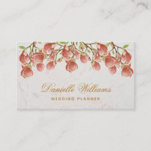 Floral Pink Magnolia White Marble Golden Script Business Card