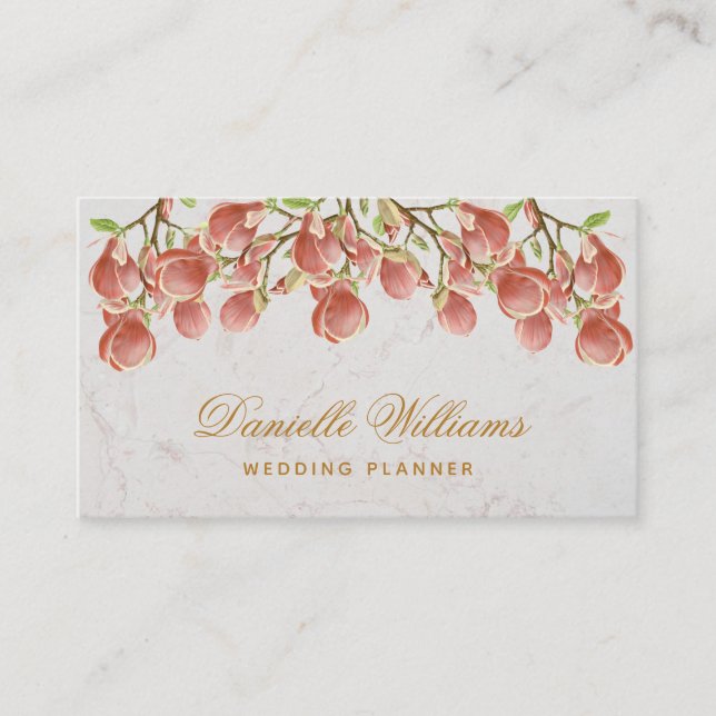 Floral Pink Magnolia  White Marble Golden Script Business Card (Front)