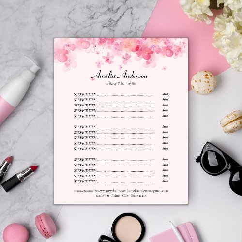 Floral Pink Makeup Hair Stylist Service Price List
