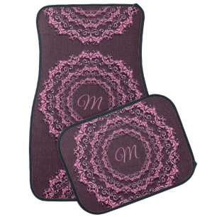 Floral pink mandala on purple background. Monogram Car Mat