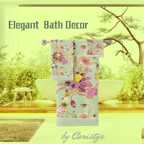 Floral  PinkMauve on Sage Green Bath Towel Set