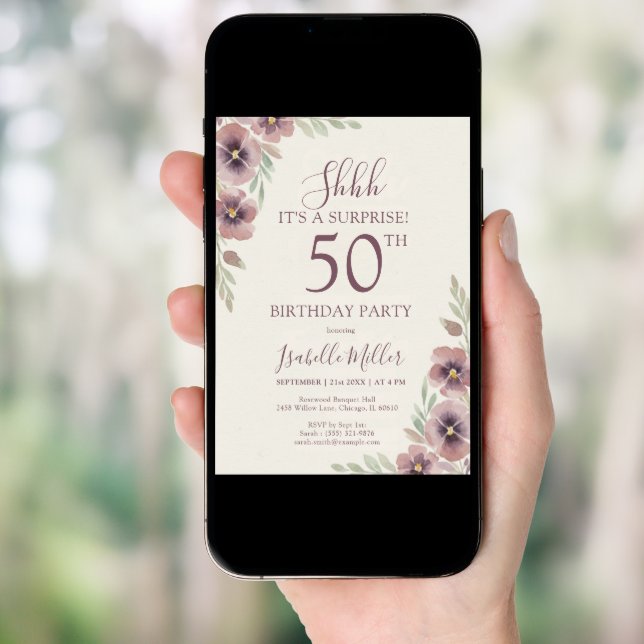 Floral Pink Mauve Surprise 50th Birthday Invitation (Front Digital)