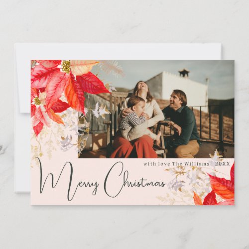 Floral Pink Merry Christmas Two Photo Holiday Card