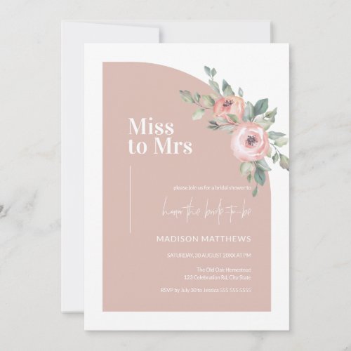 Floral Pink Minimal Arch Miss to Mrs Bridal Shower Invitation