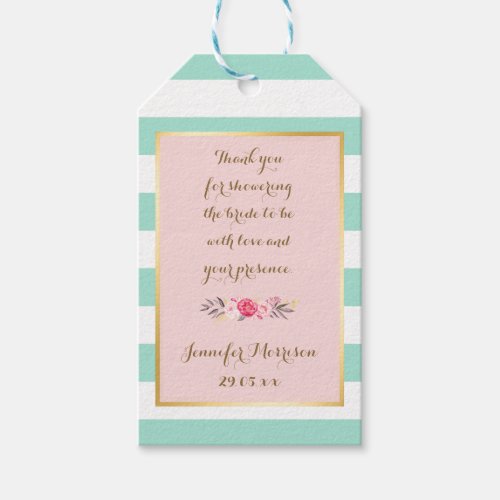 Floral Pink Mint Stripes Bridal Shower Thank You Gift Tags