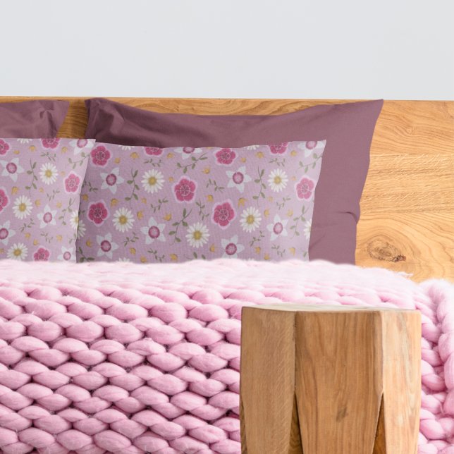 Floral Pink Modern Dianthus & Daisy Hand-Drawn Pillow Case (Creator Uploaded)