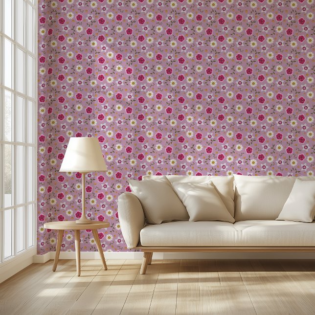 Floral Pink Modern Dianthus & Daisy Hand-Drawn Wallpaper (Creator Uploaded)
