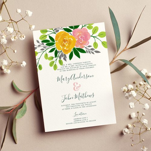 Floral pink mustard yellow green botanical Wedding Invitation