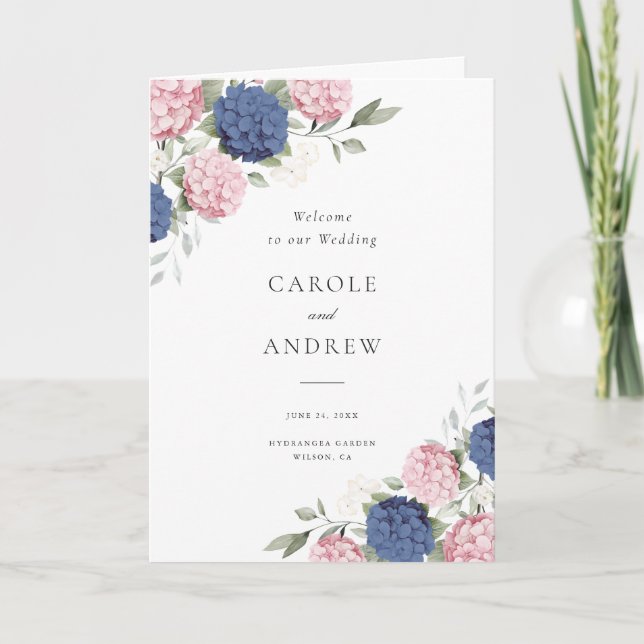 Floral Pink & Navy Blue Hydrangea Folded Wedding Program (Front)
