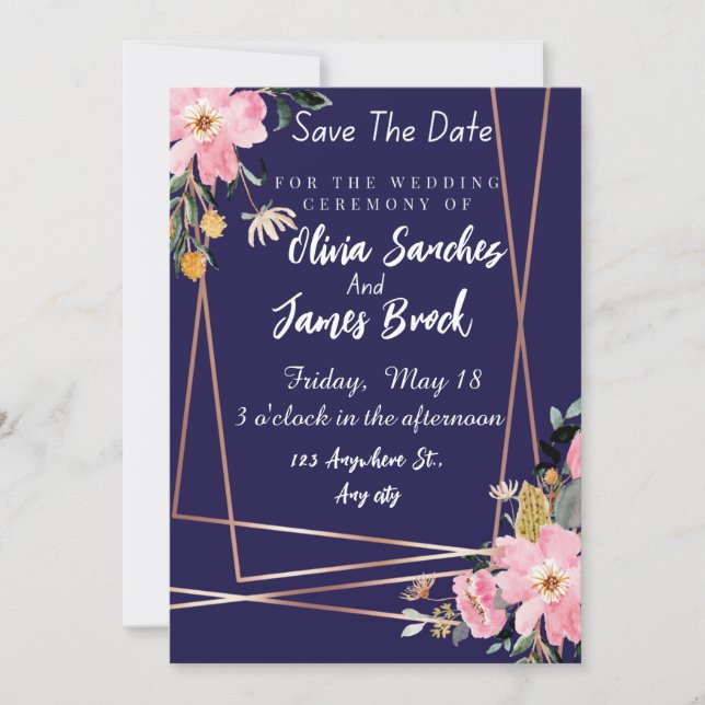 Floral pink Navy Blue Rustic Wedding  Invitation (Front)