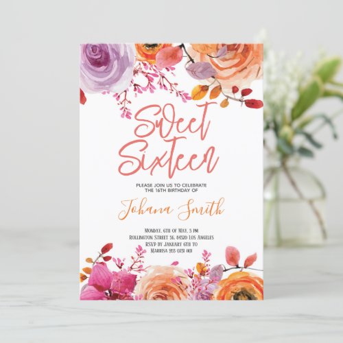 Floral Pink Orange Sweet Sixteen Birthday Invitation