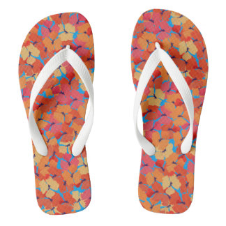 Floral Pink, Orange, Yellow Poppies Pattern on Sky Flip Flops