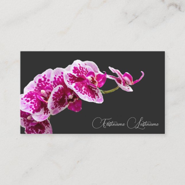 Floral pink orchid blossom calligraphy dark gray business card (Front)