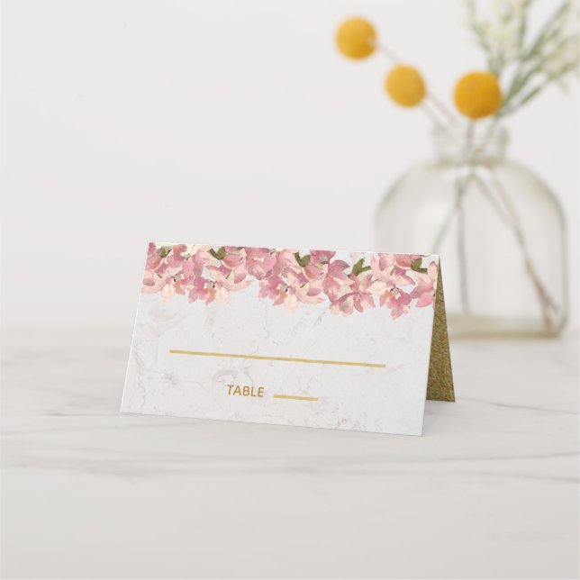 Floral Pink Orchids Gold Marble Elegant Wedding Place Card (Front)