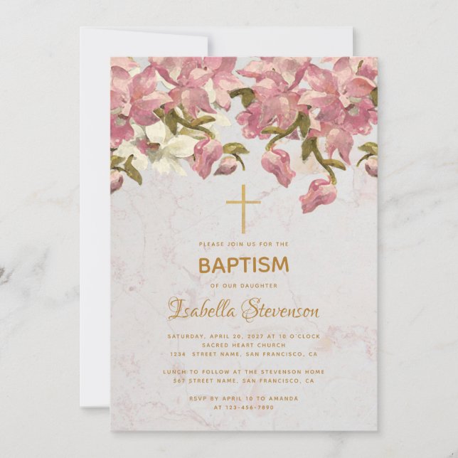 Floral Pink Orchids Marble Gold Cross Baptism Invitation (Front)