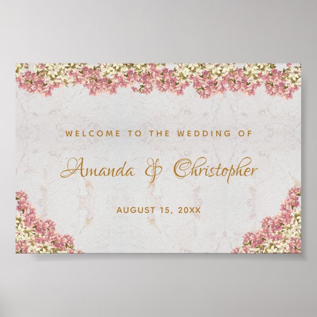 Floral Pink Orchids Marble Wedding Welcome Sign (Front)
